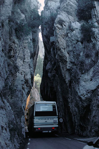 Narrow gap in between the rocks on the road to Sa Calobra - click to go to next image